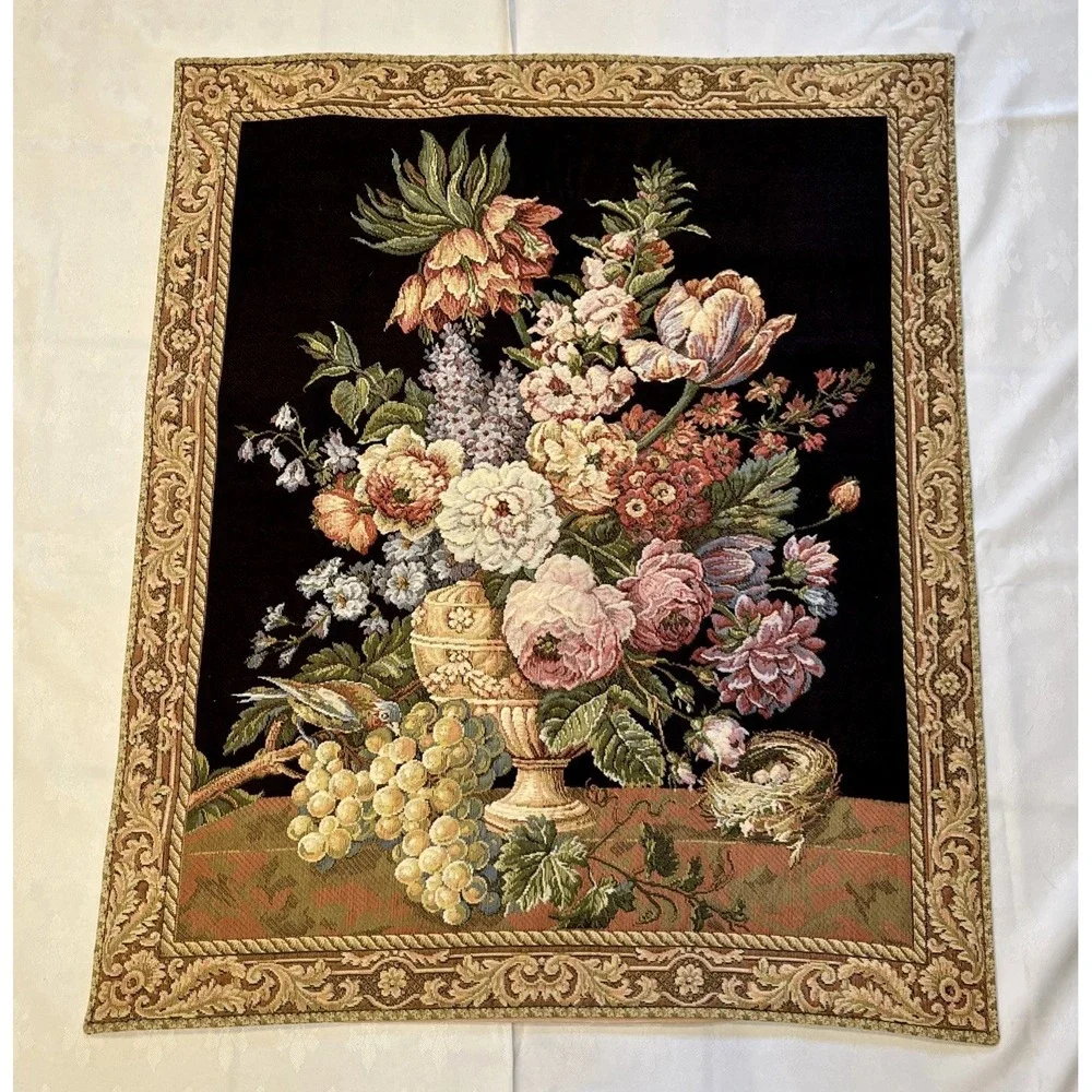 Vtg Flemish Tapestry Wall Hanging Floral Still Life Brussels Bouquet Belgium